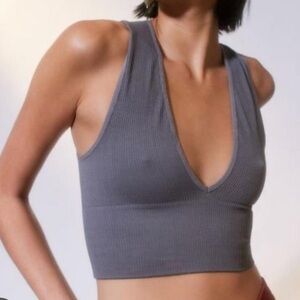 UO Out From Under BLACK Ribbed Deep V Cropped Tank Top - Gray